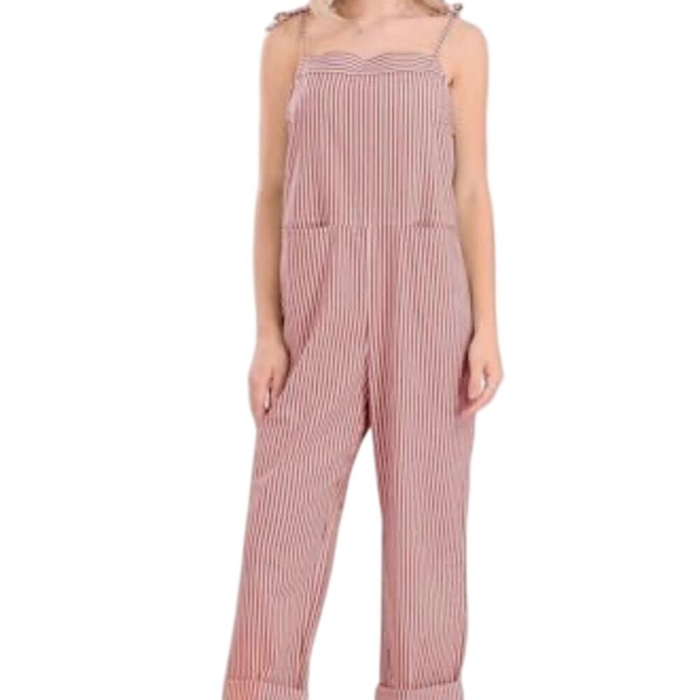 Utcoco seasuker stripe bibs jumpsuit romper Baggy cropped Adjustable Overalls XS